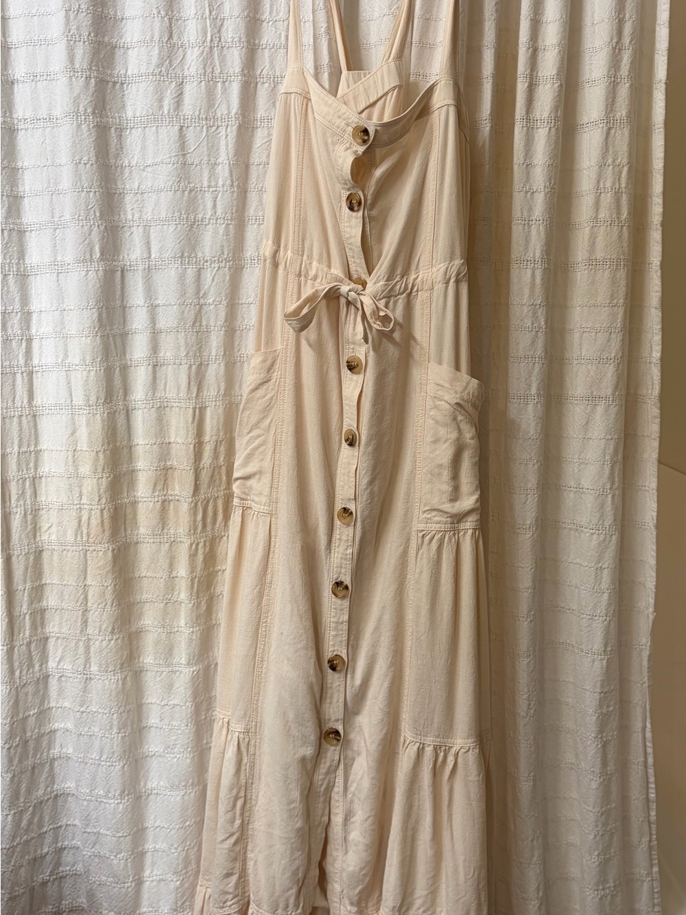lovestitch Cream Button-Front Tiered Maxi Dress with Tie Waist